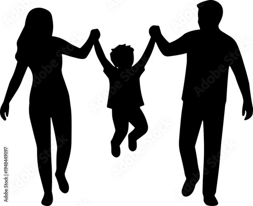 Family silhouette icon vector illustration featuring adults lifting child playfully, symbolizing joy, bonding, support, and togetherness motifs