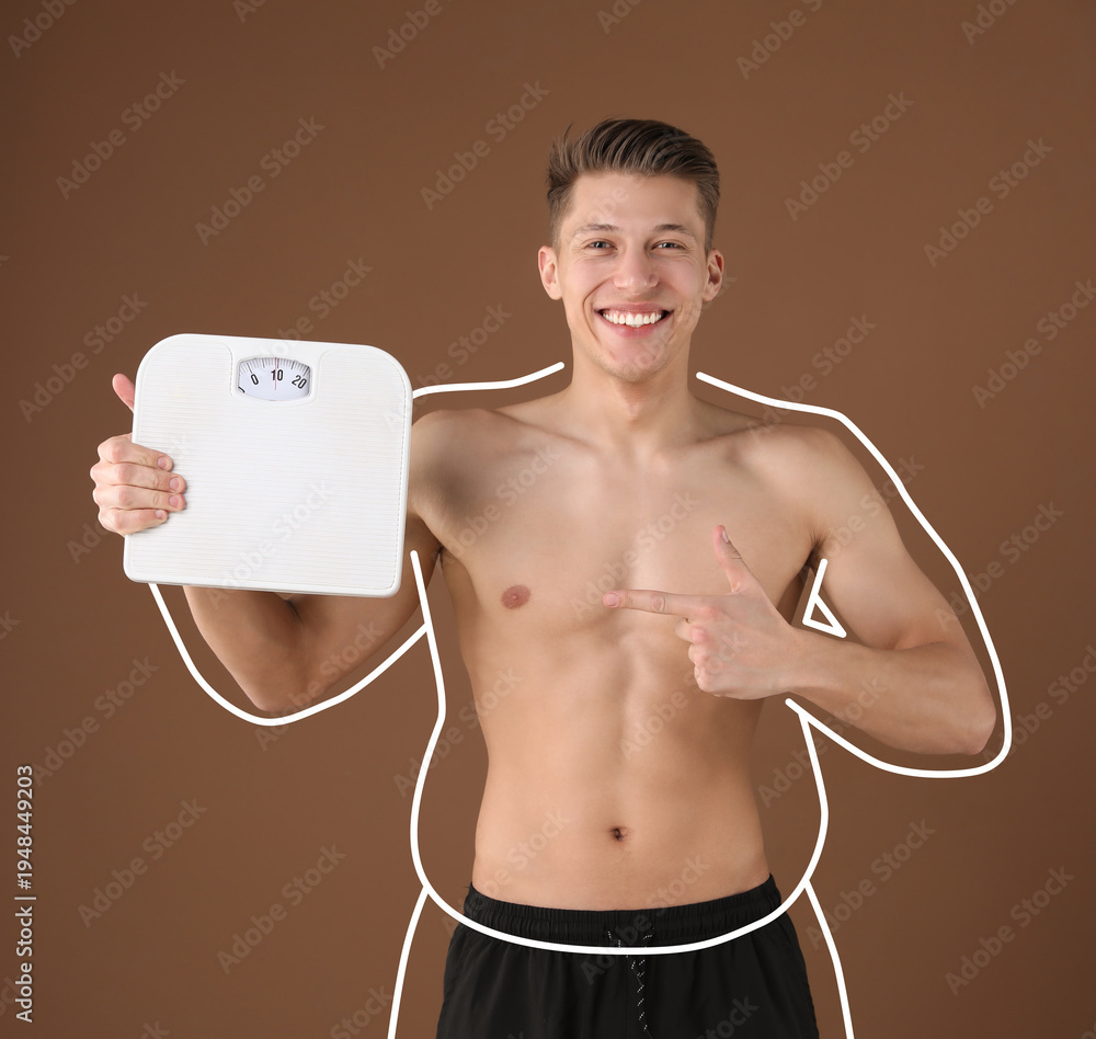 © New Africa - Man happy with his weight loss result on brown background. Outline around his body representing previous body shape © New Africa - Man happy with his weight loss result on brown background. Outline around his body representing previous body shape