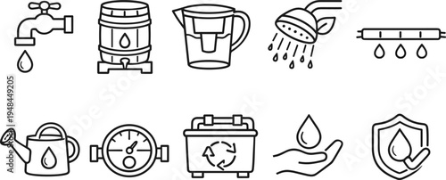 Collection of water-related icons including faucet, barrel, filter, shower, and watering can