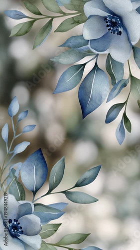 Blue flowers and leaves pattern design.