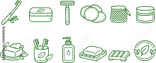 Collection of eco-friendly bathroom and personal care items in a clean line art style