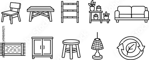 Collection of simple line art icons representing furniture and home decor items