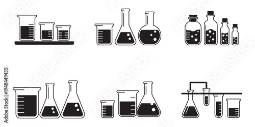 Lab flasks silhouette icon set, chemistry conical flask black icons collection, chemical experiment laboratory glass flask symbols isolated