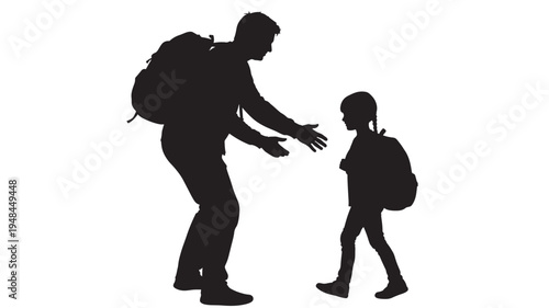 Father silhouette with backpack interacting with child silhouette wearing backpack, sharing a moment of connection.