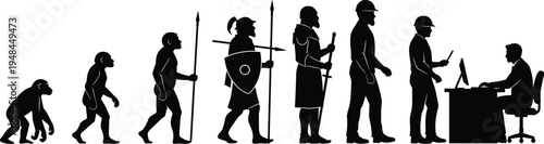Conceptual silhouette illustration showing the evolution of man from primitive ape to modern office worker sitting at a computer desk