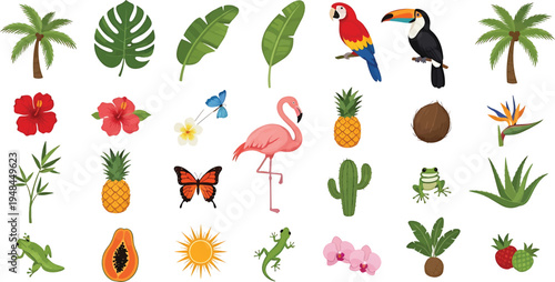 Vibrant Tropical Collection Exotic Birds, Lush Palms, Tropical Fruits, Colorful Flowers, and Cute Animals Set for a Paradise Theme