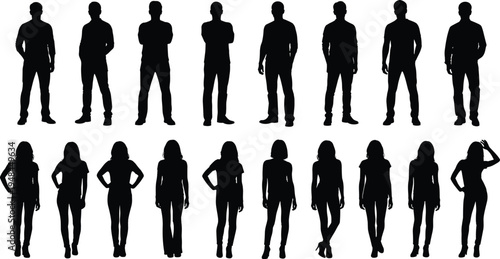 Comprehensive collection of male and female silhouettes in various standing poses and relaxed postures isolated on a white background backdrop