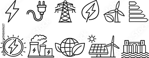 Collection of clean and renewable energy icons in a simple line art style