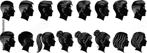 Vector profile silhouette set of men and women featuring diverse trendy hairstyles and modern haircuts for professional barbershop branding grooming