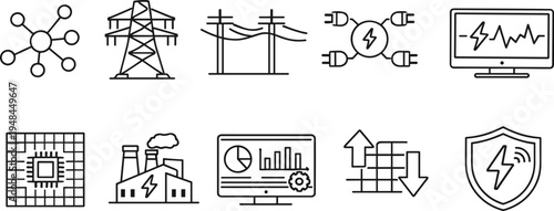 Collection of modern line icons representing energy and technology concepts