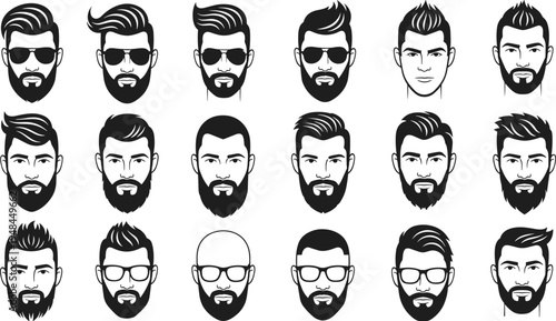 Collection of male avatar face icons featuring diverse trendy hairstyles beards mustaches sunglasses and eyeglasses for professional barbershop branding designs