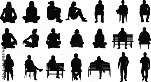 Vector silhouette collection of diverse men and women in various sitting poses on chairs benches and floor for architectural scale