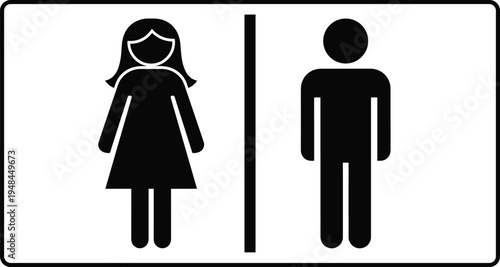 Minimalist black and white restroom sign featuring male and female toilet icons separated by a vertical line for public facility guidance