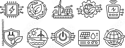 Collection of modern icons representing green technology and renewable energy concepts