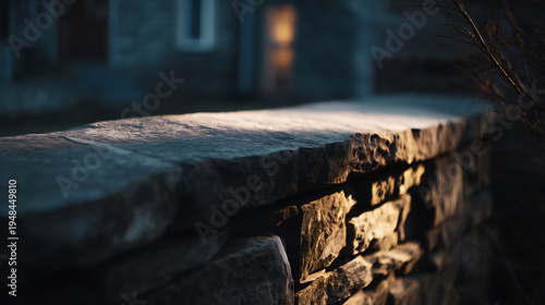 Wallpaper Mural Rustic stone wall illuminated by warm golden light at sunset, with a blurred house and dark winter vegetation in the tranquil background Torontodigital.ca