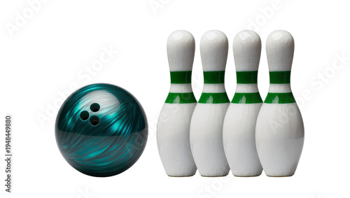 Tableau sur toile Vibrant teal green bowling ball and four classic white bowling pins with green s