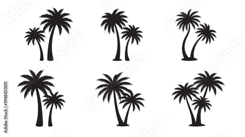 Palm trees silhouette set of six tropical island vegetation graphics for summer vacation design elements.