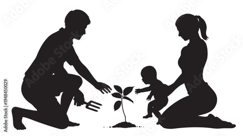 Silhouettes of a family planting a seedling together, symbolizing growth, nurturing, and future. featuring parents, child, baby with tree and sprout
