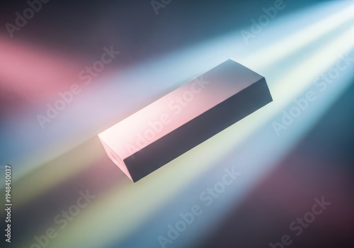 Abstract geometric shape illuminated by vibrant multicolored beams of light creating a dynamic colorful composition with smooth textures against a dark backdrop
