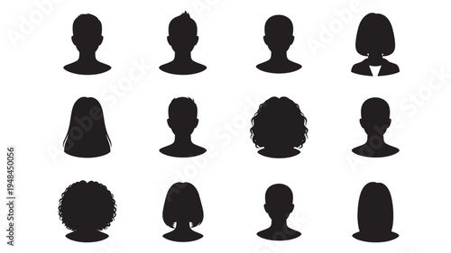 Silhouettes of diverse hairstyles and head shapes for male and female avatars in a graphic design element.