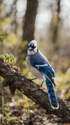 Blue jay perched on branch forest.