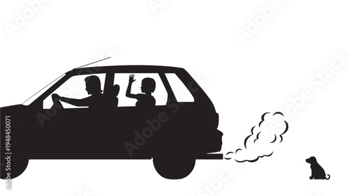 Silhouette of a car with a driver and passenger, emitting exhaust fumes, with a small dog sitting nearby watching the scene.