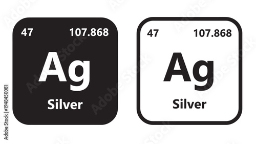 Element Silver Ag 47 with atomic mass 107.868 presented in black and white cards featuring Ag, periodic table, chemistry with symbol and science