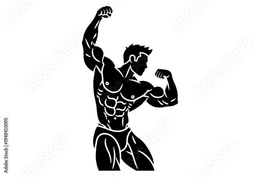 A perfect looking black silhouette of a very strong muscular man flexing his huge muscles