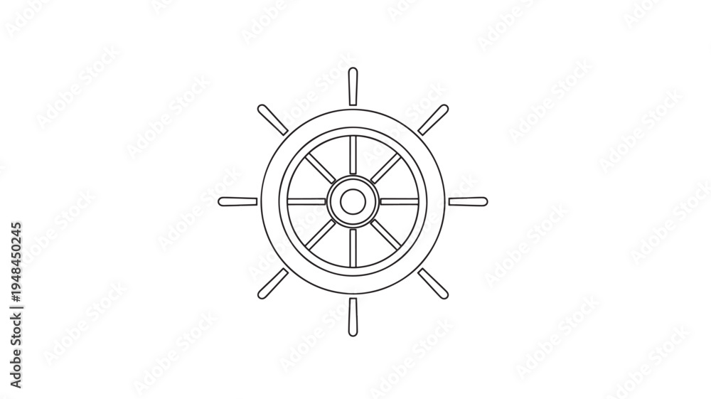 Obraz premium Ship's wheel icon with spokes and handles, representing navigation and maritime control, presented in a clean outline style.