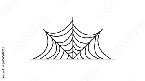 Spider web illustration with radial lines and curved threads against a white background, clean graphic design for Halloween.
