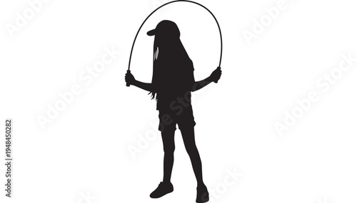 Silhouette of a girl wearing a cap and shorts, jumping rope with long hair flowing, isolated on a white background