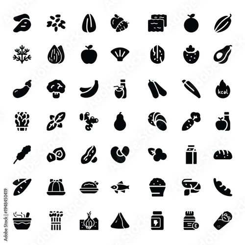 Comprehensive Solid Black Food and Nutrition Glyph Vector Icon Set Featuring Fresh Fruits Vegetables Meats and Healthy Diet Ingredients for Supermarket Graphic Design Projects