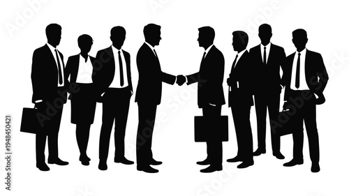 Business professionals meeting and networking silhouettes, black vector illustration of corporate people interacting, discussing, and collaborating for office, teamwork, and corporate design projects
