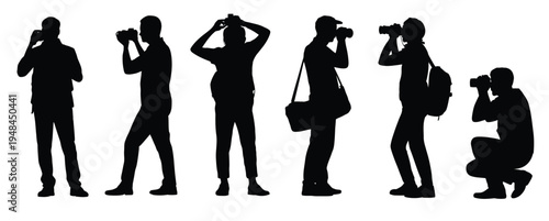 Photographer men silhouettes, black vector illustration of male photographers in various poses with cameras for photography, media, and creative design projects