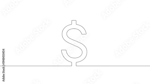 Dollar sign icon with continuous line art style and minimalist black outline on a white background representing currency.