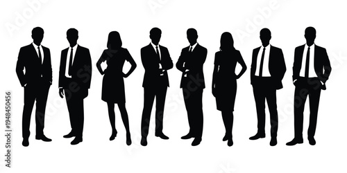 Corporate workforce silhouettes of business men and women, group of people at work in professional office setting, isolated black vector illustration for teamwork and collaboration designs