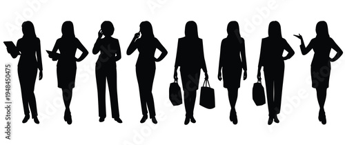 Professional business women silhouettes set, confident female office workers in different poses, black vector illustration for corporate leadership, teamwork, and workplace lifestyle design