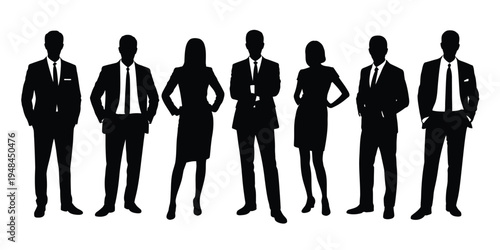 Business men and women group silhouettes at work, isolated vector illustration of corporate people collaborating, communicating, and standing in professional office environment