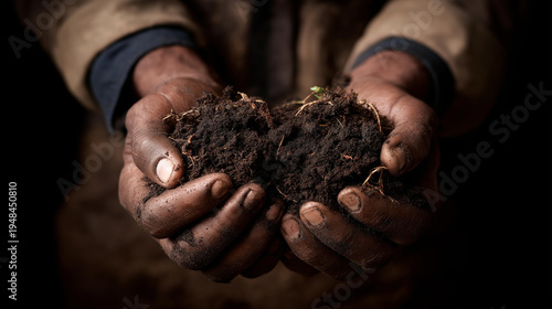 Farmer's weathered hands holding rich dark soil teeming with earthworms, cover crop roots visible in cross-section, compost and organic matter integrated throughout, ideal for soil health, carbon