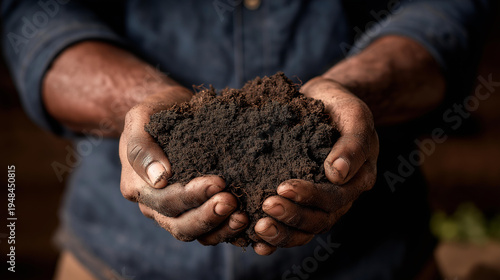 Farmer's weathered hands holding rich dark soil teeming with earthworms, cover crop roots visible in cross-section, compost and organic matter integrated throughout, ideal for soil health, carbon