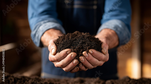 Farmer's weathered hands holding rich dark soil teeming with earthworms, cover crop roots visible in cross-section, compost and organic matter integrated throughout, ideal for soil health, carbon