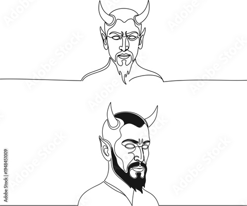 Single line illustration of a devil character with horns and a beard, looking serious and mysterious, on a transparent background for Halloween themes