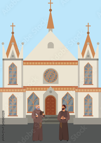 Vector illustration of Two priests with Christian Church