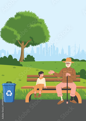 Vector illustration of a grandfather and grandson chatting on a street bench near a park.
