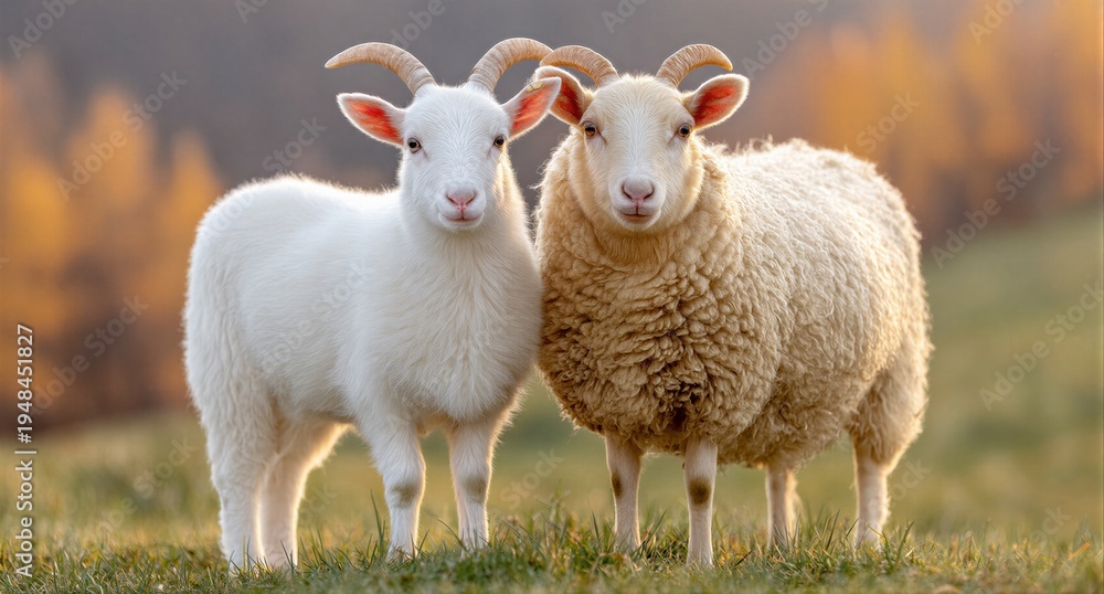 Obraz premium Two young farm animals standing together in a field. White goat and fluffy sheep side by side at golden hour. Rural livestock portrait