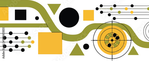 Modern abstract design showcasing geometric patterns, flowing lines, and a focused target, representing data-driven insights, strategic accuracy, and technological innovation