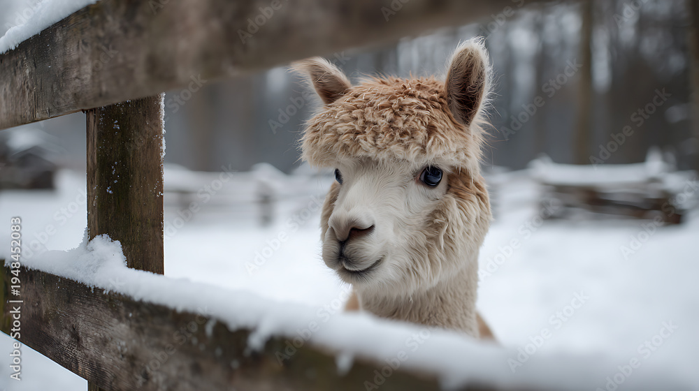 Naklejka premium Charming Alpaca with Fluffy Wool and Gentle Gaze in Snowy Winter Landscape Behind Rustic Wooden Fence on a Cold Day