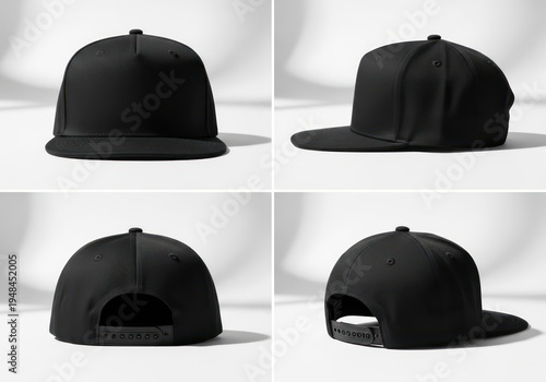 Black snapback hat mockup in various views against a clean white background showcasing design and texture perfect for branding