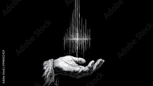 Engraved depiction shows light energy emerging above an open human palm against darkness