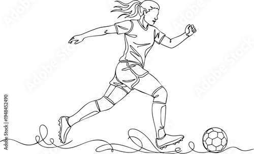 Female Soccer Player Running With Ball Continuous Line Drawing Vector Illustration